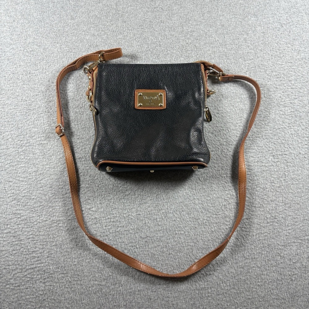 VALENTINA Italia Leather Crossbody Bag Black Cognac Two Tone Purse Made In Italy